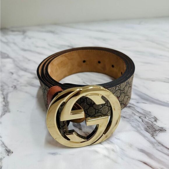 Gucci Brown Patterned Belt with Gold Buckle - Picture 1 of 7